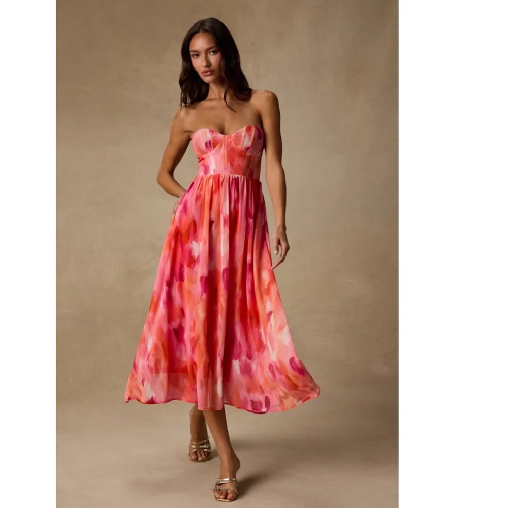 Lulus Aysel Coral Pink Abstract Strapless Bustier Midi Dress
Orange Pink | M